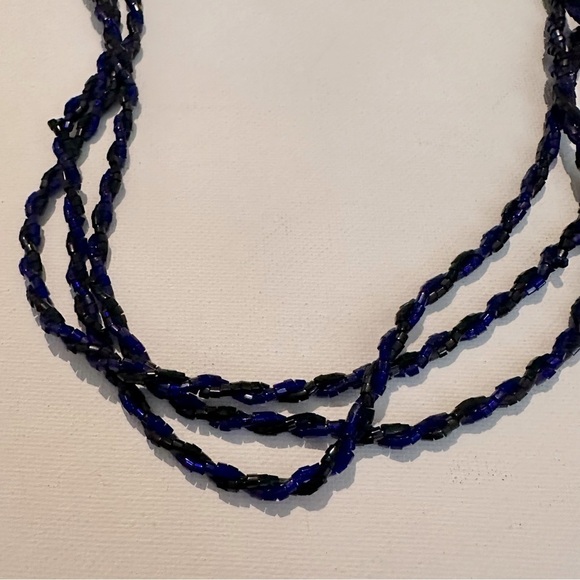 Bugle Tube Glass Beaded Blue Black Multi-Strand Torsade Necklace - Picture 2 of 6